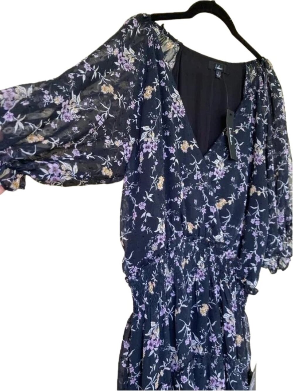 Lulus Botanical Floral Black Mini Dress Whimsical Puff Sheer Sleeves